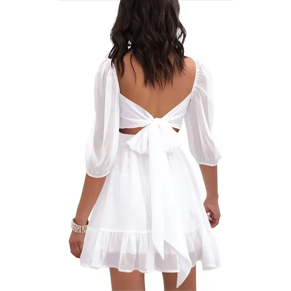 NEW Tie Back Half Lantern Sleeve Dress Ruffle Square Neck 2X White Size XXL - Image 4