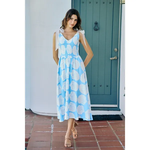 SO ME Shell Smocked Bodice Shoulder Tie Lined Midi Dress - Blue - Small‎ - Image 6