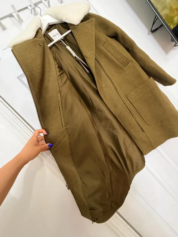 Madewell Eldridge Insuluxe Zip Coat Olive Wool Cashmere Sherpa Collared Winter Minimal NWT S $328 - Image 6