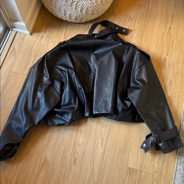 storets Black Faux Leather Bomber Jacket - Image 3