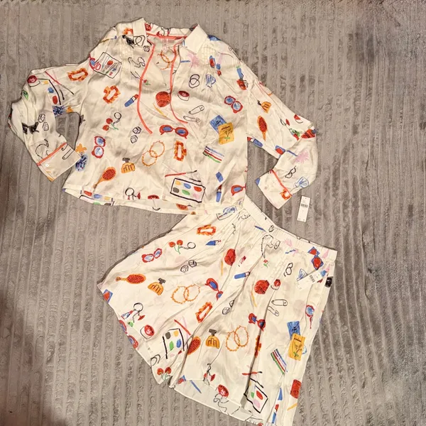 Anthropologie Lyrebird Phthalo Ruth Pajama Set Ivory Novelty Print Top Shorts L - Image 2