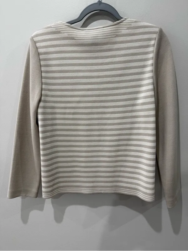 St John Size M Zip Sweater Jacket Wool Cream Stripe Luxury‎ - Image 4