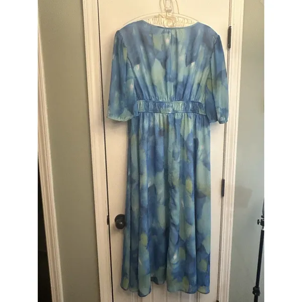 Sissyyaki Women’s XL Blue Green Watercolor Floral V Neck Empire Waist Maxi Dress - Image 14