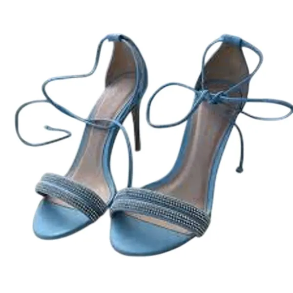 Saks Fifth Avenue Baby Blue Heel Sandals Rhinestone Formal Wedding Size 38 8 Shoes - Image 2