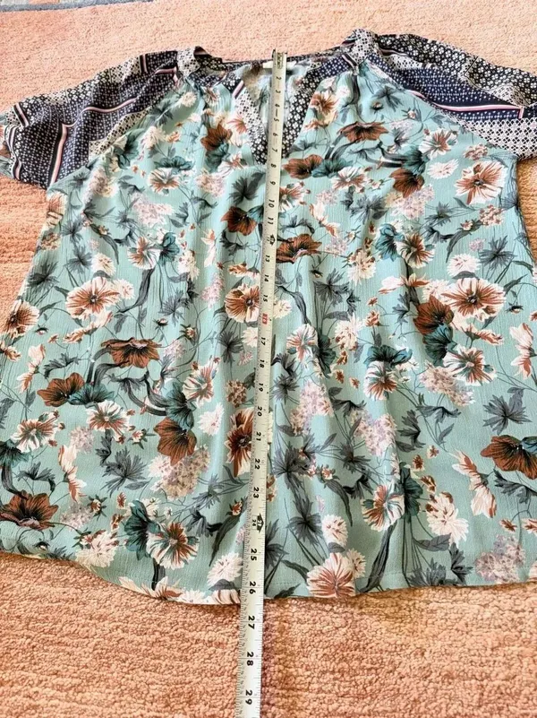 Jodifl L Mint Floral Boho Peasant Blouse Rayon Balloon Sleeve V Neck Tunic Top - Image 4
