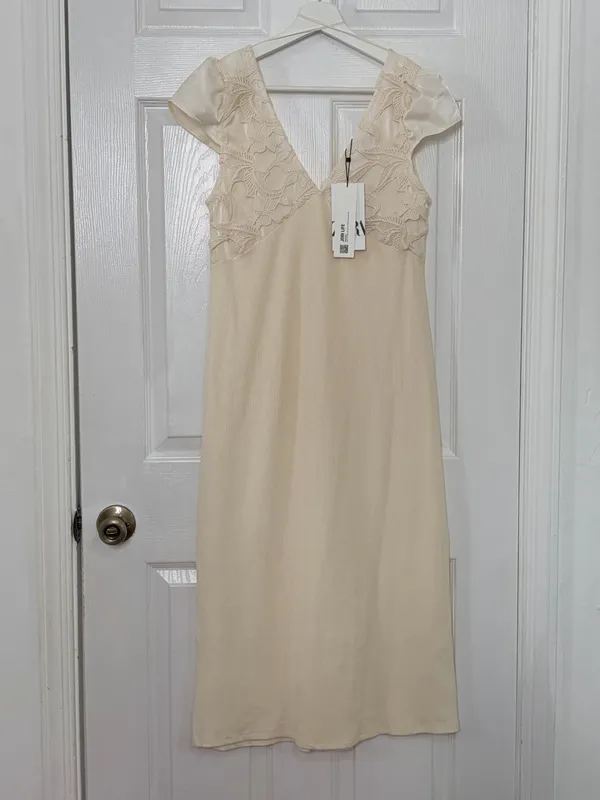 Zara Cream Lace Ribbed Midi Dress Cottagecore Romantic Coastal Summer Satin Sleeve M - Image 3