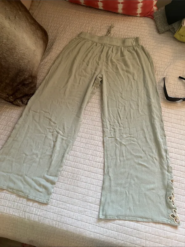 Anthropologie Salty lemon sea sage green pull on wide leg sheer beach boho pants L - Image 6