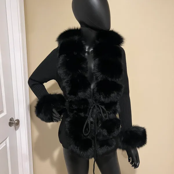 Real fox fur cardigan genuine fur collar trench coat parka jacket wool cape blazer - Image 5