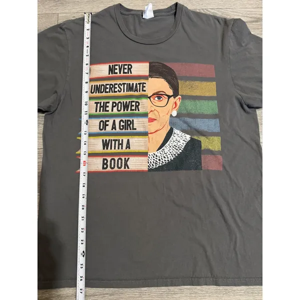 100% Cotton RBG Never Underestimate A Girl With A Book Graphic Tee Gray‎ L - Image 6