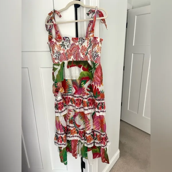 NWT Farm Rio Dress MIXED WHITE PRINTS Layered Dress Off‎ White smocked tie strap - Image 7