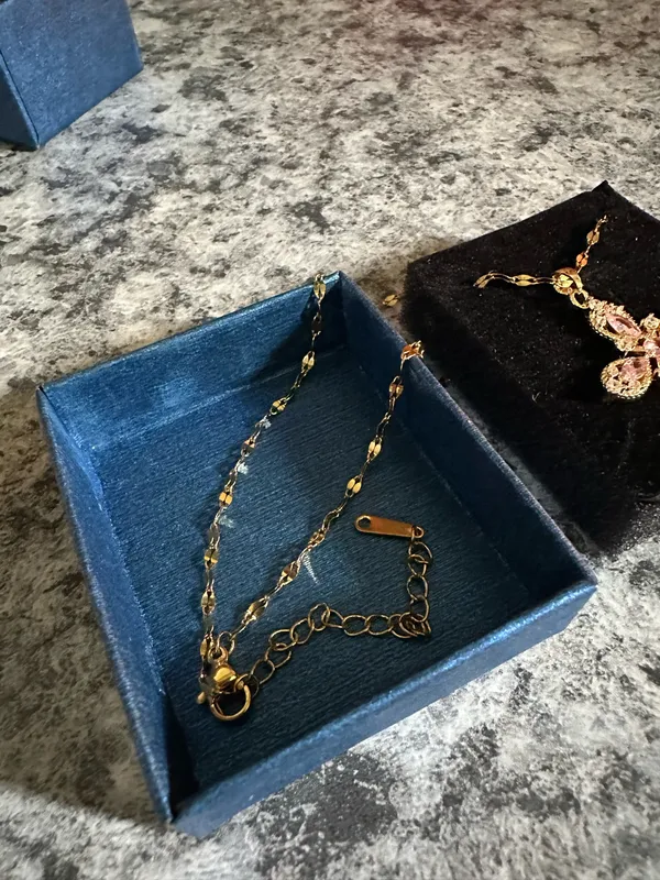 14kt Gold Plated Stainless Steel Cross Necklace with Pink Rhinestones - Image 3