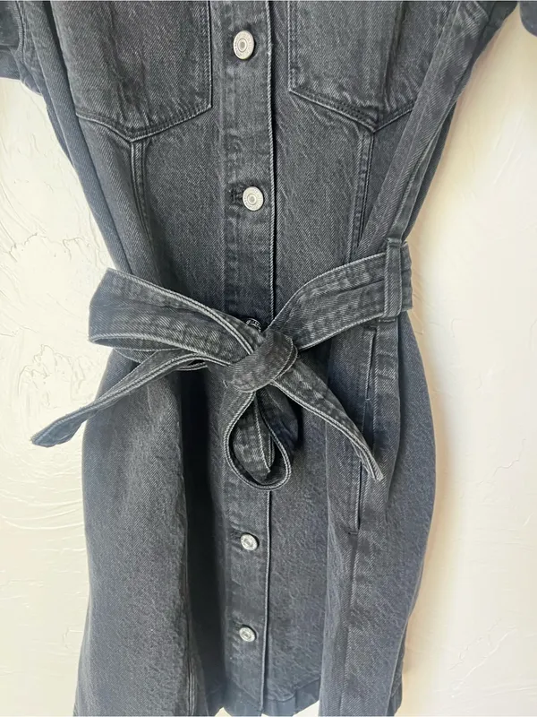 Abercrombie & Fitch Black Button-Front Denim Shirt Dress with Tie Waist size XS - Image 2