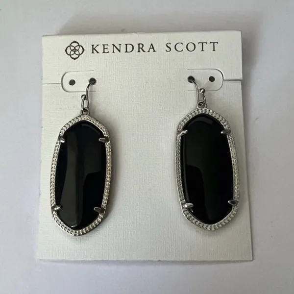 Kendra Scott Dani Drop Earrings Silver Tone Black Opaque Glass Dangle Casual - Image 3