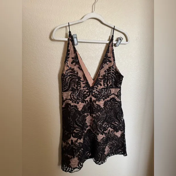FREE PEOPLE Night Shimmers‎ Mini Dress Sz 6 in Black Lace - Image 5