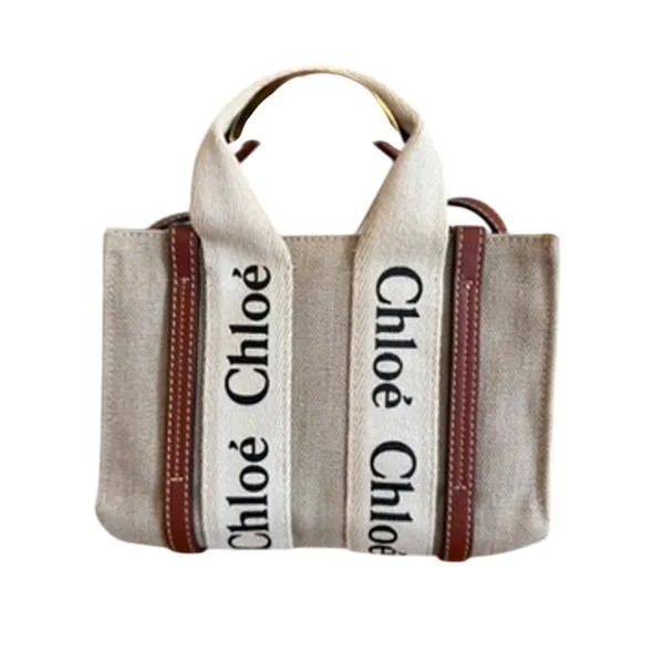 Chloé Mini Woody Tote White Brown Linen Canvas - Image 2