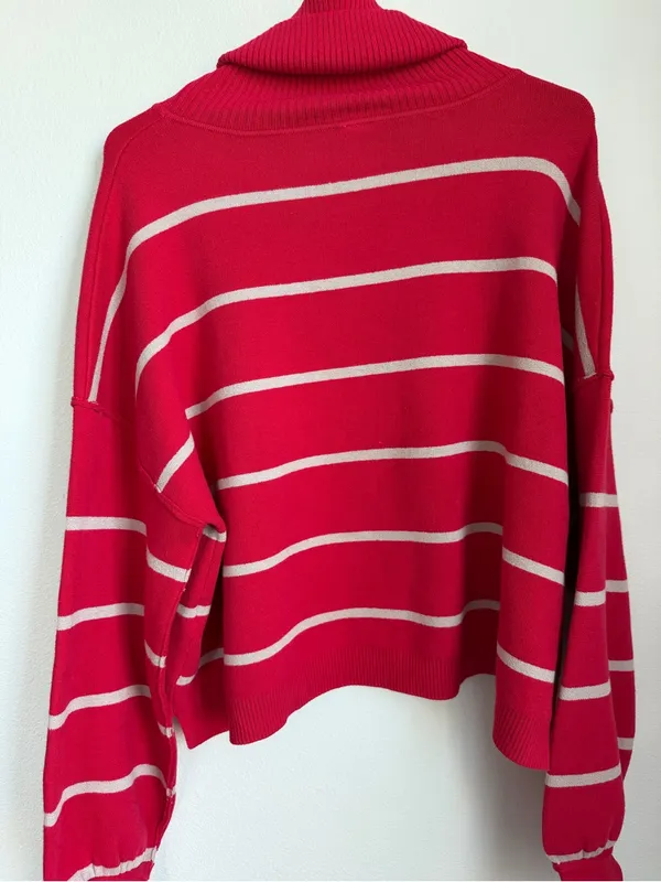 Free People Red & Cream Striped Turtleneck Sweater - Image 3