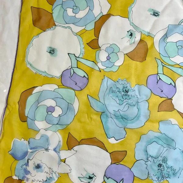 vintage yellow blue white floral scarf square poly chiffon - Image 2
