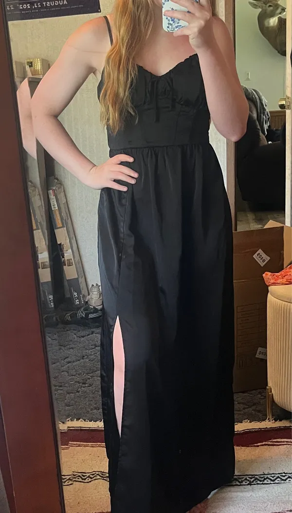 Black Satin Maxi/Midi Dress Lulus Size M - Image 2