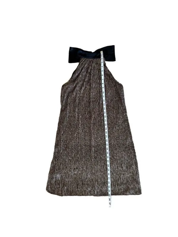 Laundry by Shelli Segal Metalli Gold Shimmer & Black Satin Bow Halter Mini DSz 6 - Image 14