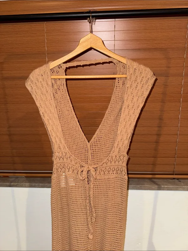 American Eagle Tan Crochet Knit Wide Leg Jumpsuit - Image 5