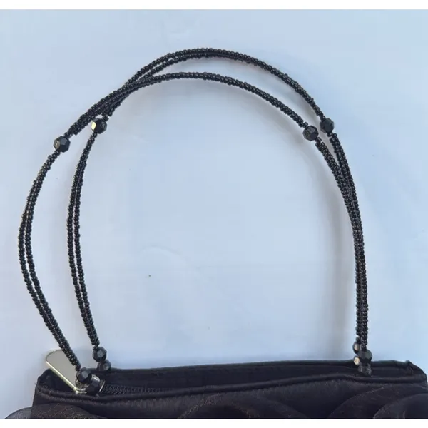 Vintage Handbag Black Rayon with Beaded Handle and Rose Detail - Image 4