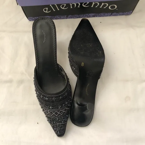 2000s Y2K Whimsygoth Romantic Coquette Black mules kitten heels pumps sequins beading genuine leather. Glamorous embellished pointed-toe sandals-Women’s size 8 Approx 2.5” kitten heels #coquette #twee #fairycore #whimsygoth #dark - Image 4