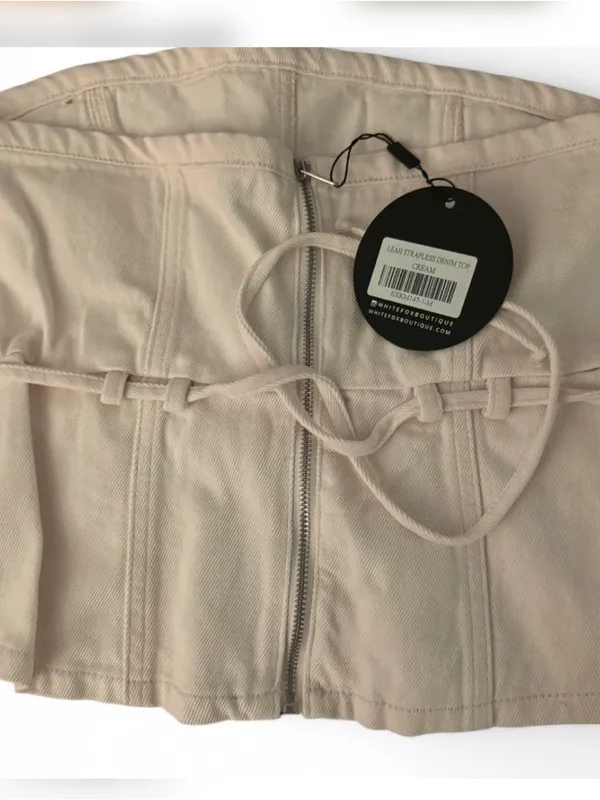 White fox boutique Leah Strapless Denim Top Cream size medium - Image 2