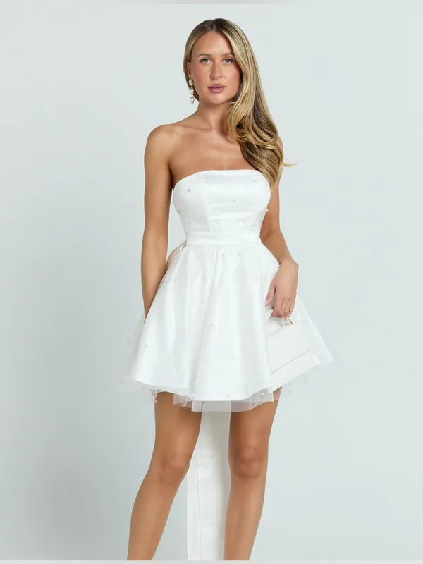 SHOWPO Cailene Strapless Bow Train Fit And Flare Mini Dress In Ivory - Image 5