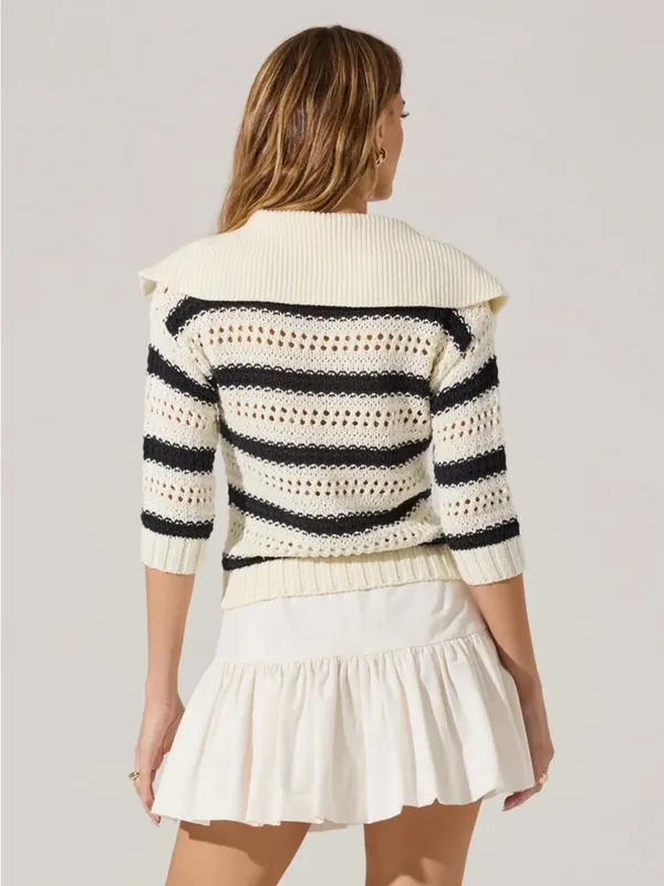 ASTR Striped Open Knit Polo Sweater top short sleeve crochet coverup collar - Image 5