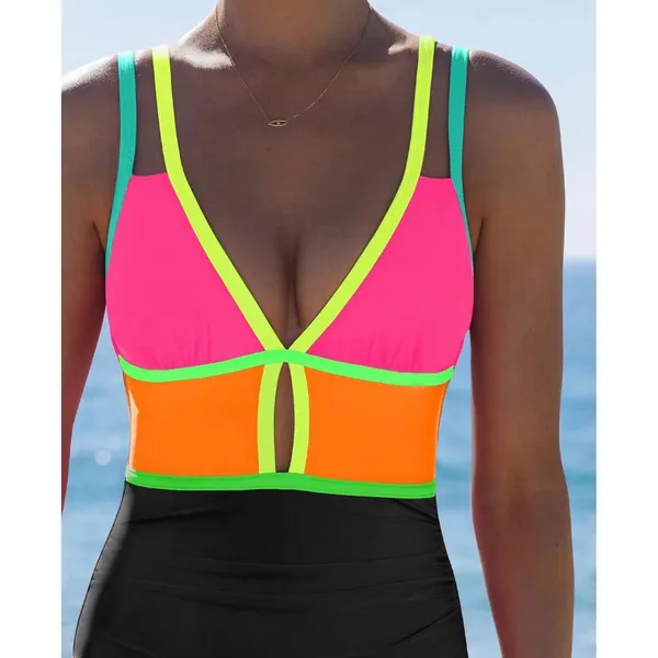 NWT Popvil Neon Color Block One Piece Swimsuit Tummy Control Cutout Large - Image 4