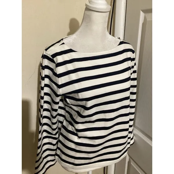 J. Crew Classic Mariner Cloth Boatneck T-Shirt in Stripe Beige Navy Blue S - Image 2