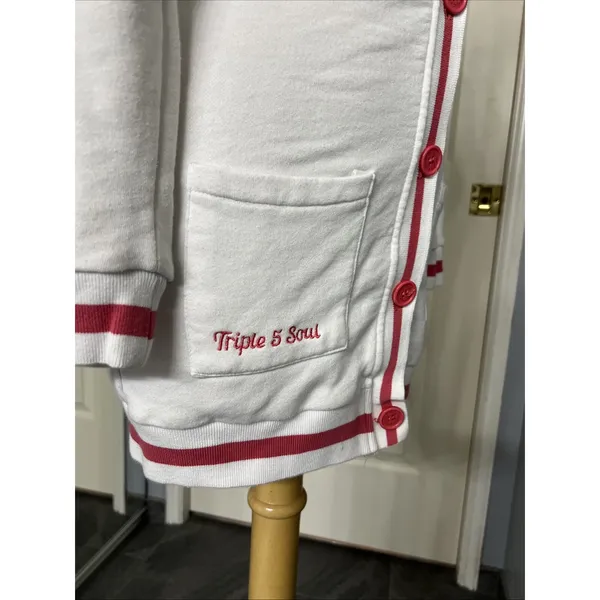 Triple Five Soul Button Up Cardigan Hoodie White Pink Varsity Y2K Retro - Image 4