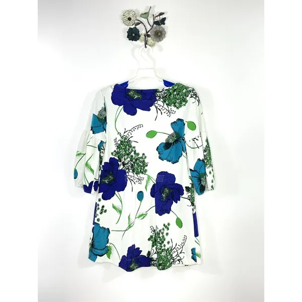 Anthropologie Deletta Haru Size Medium Floral Tunic Top Blue Green Puff Sleeve - Image 8