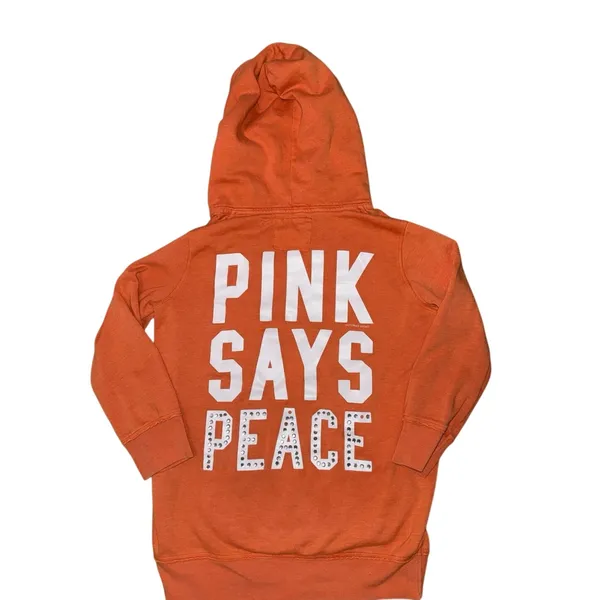 Pink Victoria's Secret Women's Hoodie Size Medium Orange Sequin Details Pockets - Image 2