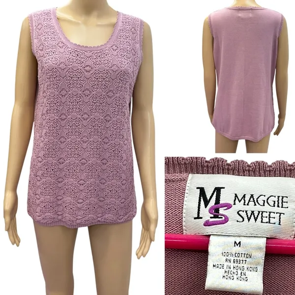Vintage Cotton Maggie Sweet Sleeveless Knit Scalloped Scoop Neck Top Womens M - Image 3