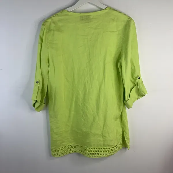 Rafaella Size S Linen Tunic Top Shirt Roll Tab Sleeve Neon Green Button Front - Image 10