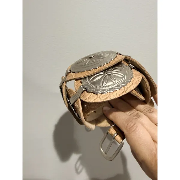 Southwestern Native Concho Leather Belt Silver Tone Tan Link 36.5" Cowboy Cowgir - Image 5