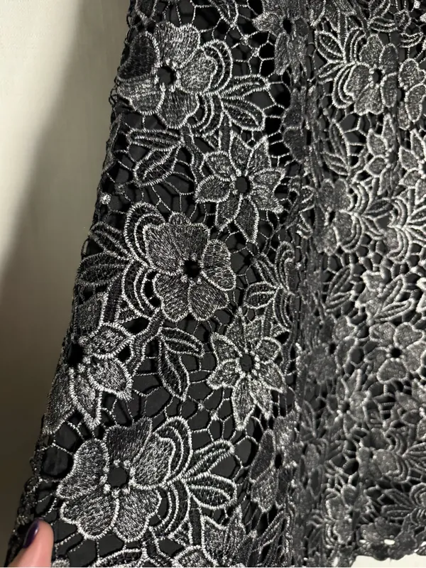 Eliza J Petite Black and Silver Square Neck Lace Fit and Flare Dress Size 10 P - Image 10