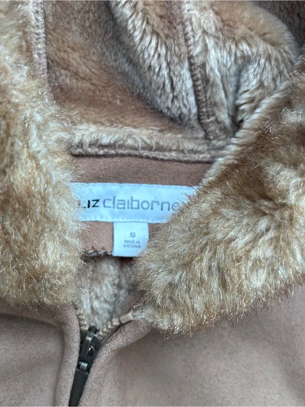 Y2K Liz Claiborne Camel Faux-Fur Trim Hooded Jacket Winter Fall Sz Small - Image 2