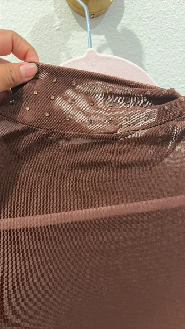 BKE Women’s Sheer Buckle Brown Copper Mesh Long Sleeve Top Small - Image 5