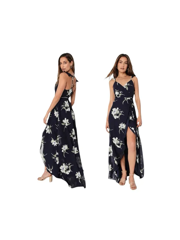 Lulus All Mine Wrap Maxi Dress XXS Navy Blue Floral High Slit Wedding Guest NWT - Image 2