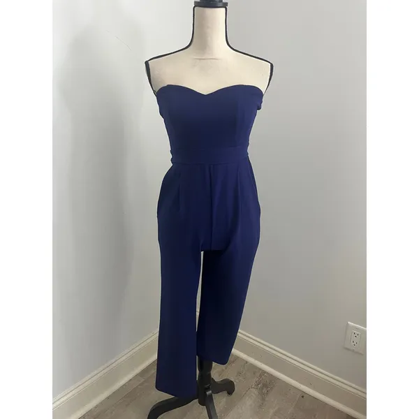 Express Strapless Jumpsuit size 0 Royal Blue Petite Sweetheart Neck Pockets Chic - Image 3