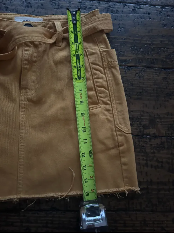 PacSun Mustard Yellow Denim Mini Skirt Belted Raw Hem‎ Pockets Size 23 - Image 6