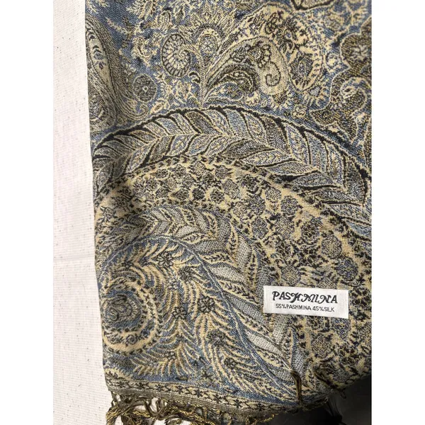 Luxurious Pashmina Silk Blend Scarf Gold Blue Paisley Tassel Fringe 26x72 winter - Image 5