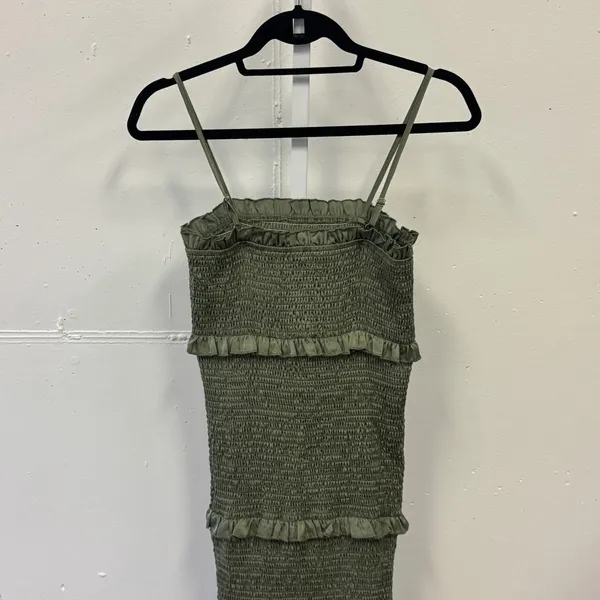 MABLE Smocked Tiered Ruffle Midi Dress Olive Green MD2291I‎ Small Summer Party - Image 5