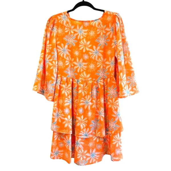 Pink Lily Morning Mimosas Mini Dress Orange‎ Floral Tiered Boho Women Medium - Image 6