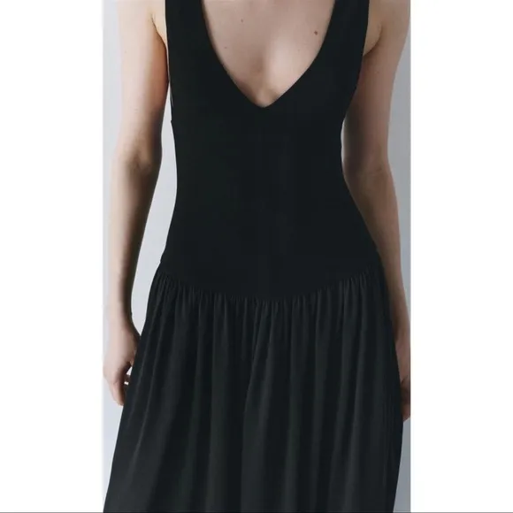 ZARA NWT Black Contrast Midi Pocket Dress Drop Waist ZW‎ COLLECTION Size XS - Image 3