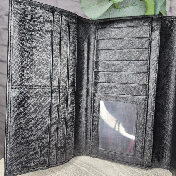 Coach Signature Jacquard Trifold Wallet Black Beige Canvas Leather Checkbook Y2K - Image 8