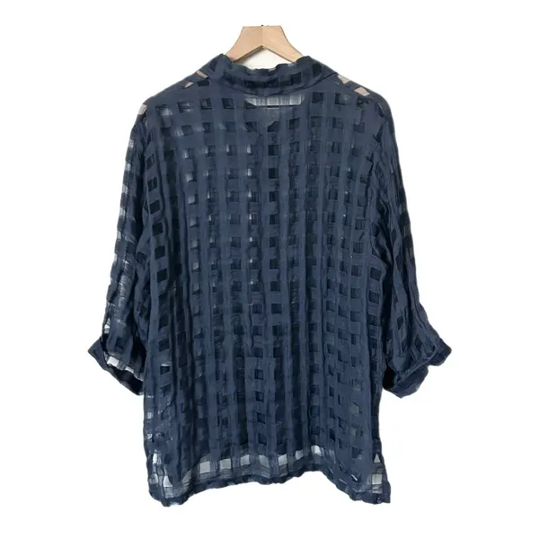 Puro Lino Navy Blue 100% Linen Sheer Check Button Down Shirt Made in Italy Sz M - Image 3