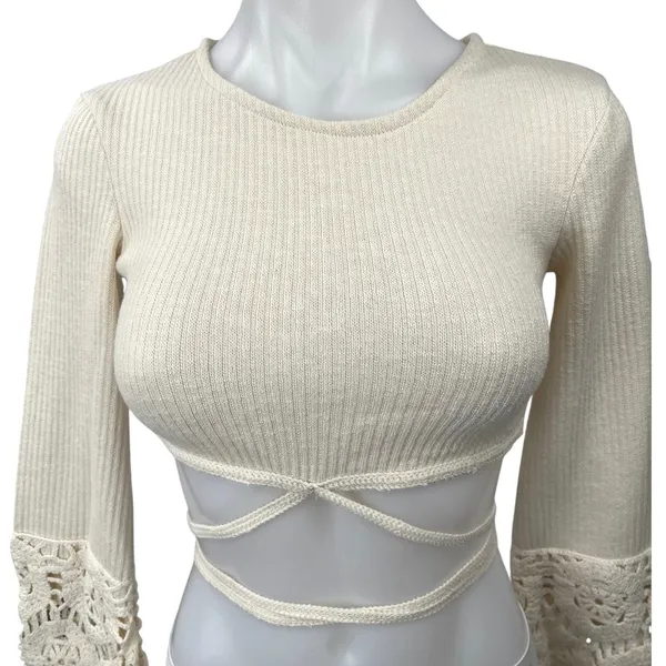 Zara Women's Cream Ecru Crochet Knit Boho Long Sleeve Cut Out Crop Top Size S - Image 5